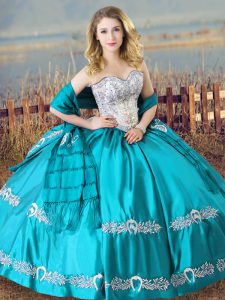 High Quality Aqua Blue Sleeveless Satin Lace Up Quince Ball Gowns for Sweet 16 and Quinceanera