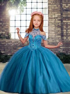 High-neck Sleeveless Lace Up Little Girls Pageant Dress Wholesale Blue Tulle