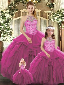 Ideal Sleeveless Floor Length Beading and Ruffles Lace Up Ball Gown Prom Dress with Fuchsia