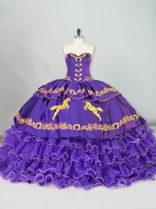Purple Sweetheart Neckline Embroidery and Ruffled Layers 15 Quinceanera Dress Sleeveless Lace Up
