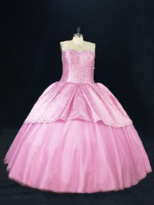 Simple Pink Tulle Lace Up Quince Ball Gowns Sleeveless Floor Length Beading