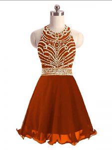 Cute Mini Length Rust Red Dress for Prom Halter Top Sleeveless Zipper
