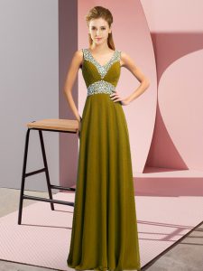 Floor Length Lace Up Celebrity Dresses Olive Green for Prom and Party with Beading