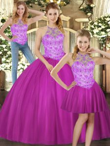 Adorable Halter Top Sleeveless Tulle Sweet 16 Dress Beading Lace Up