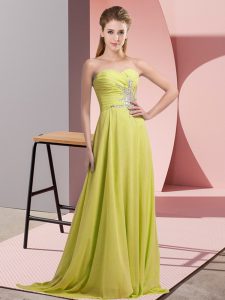 Sweet Sleeveless Floor Length Beading Lace Up Prom Evening Gown with Yellow Green