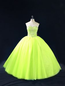 Sleeveless Tulle Floor Length Lace Up Quinceanera Gowns in Yellow Green with Beading