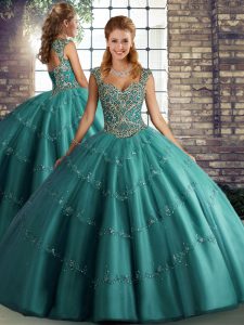 Teal Sleeveless Beading and Appliques Floor Length Quinceanera Dress