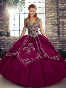 Fuchsia Tulle Lace Up 15th Birthday Dress Sleeveless Floor Length Beading and Embroidery