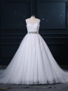 Great Zipper Bridal Gown White for Wedding Party with Beading and Lace Brush Train