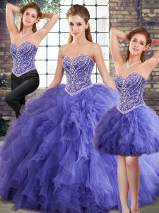 Sweetheart Sleeveless Sweet 16 Quinceanera Dress Floor Length Beading and Ruffles Lavender Tulle