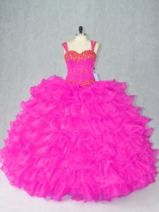 Sweet Ball Gowns Sweet 16 Quinceanera Dress Fuchsia Straps Organza Sleeveless Floor Length Lace Up