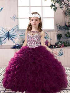 Dramatic Dark Purple Ball Gowns Beading and Ruffles Kids Pageant Dress Lace Up Organza Sleeveless Floor Length