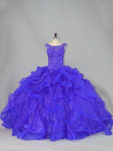 Unique Blue Lace Up Scoop Beading and Ruffles Quinceanera Gown Organza Sleeveless Brush Train