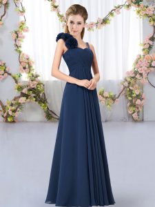 Sleeveless Floor Length Hand Made Flower Lace Up Damas Dress with Navy Blue