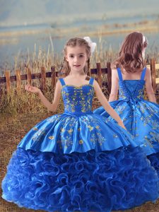 Straps Sleeveless Pageant Gowns For Girls Sweep Train Embroidery Blue Fabric With Rolling Flowers