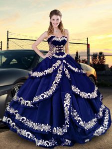 Classical Sleeveless Satin Floor Length Lace Up Ball Gown Prom Dress in Royal Blue with Embroidery and Ruffled Layers