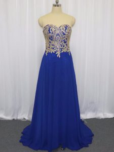Royal Blue Sweetheart Zipper Lace and Appliques Homecoming Dress Brush Train Sleeveless