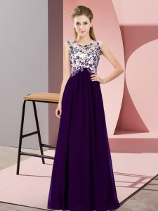 Fashion Purple Sleeveless Floor Length Beading and Appliques Zipper Damas Dress