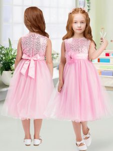 Stylish Organza Scoop Sleeveless Zipper Sequins and Hand Made Flower Flower Girl Dresses in Rose Pink