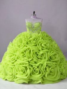 Yellow Green Fabric With Rolling Flowers Lace Up Sweetheart Sleeveless Vestidos de Quinceanera Brush Train Beading