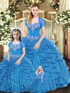 Blue Ball Gowns Tulle Sweetheart Sleeveless Beading and Ruffles Floor Length Lace Up 15th Birthday Dress