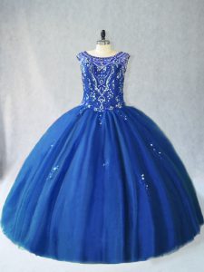Dazzling Blue Lace Up Scoop Beading Quinceanera Dress Tulle Sleeveless