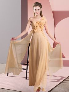 Custom Designed Chiffon One Shoulder Sleeveless Lace Up Hand Made Flower Bridesmaid Dress in Peach