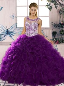 Purple Lace Up Scoop Beading and Ruffles Quinceanera Gown Organza Sleeveless