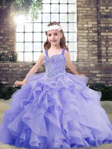 Lavender Straps Neckline Beading and Ruffles Little Girl Pageant Gowns Sleeveless Lace Up