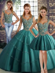 Nice Teal Tulle Lace Up Vestidos de Quinceanera Sleeveless Floor Length Beading and Appliques