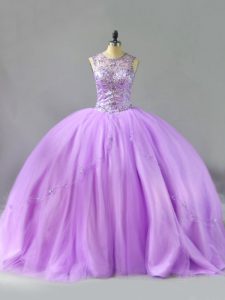 Spectacular Scoop Sleeveless Quinceanera Dress Floor Length Beading Lavender Tulle