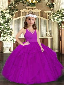 Excellent Purple Sleeveless Floor Length Ruffles Zipper Girls Pageant Dresses