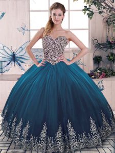 Trendy Blue Sleeveless Floor Length Beading and Appliques Lace Up Ball Gown Prom Dress