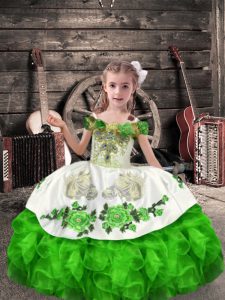 Green Sleeveless Floor Length Beading and Embroidery and Ruffles Lace Up Kids Pageant Dress