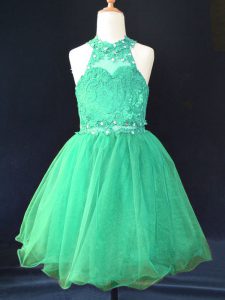 Fashionable Green A-line Organza Halter Top Sleeveless Beading and Lace Mini Length Lace Up Pageant Gowns For Girls