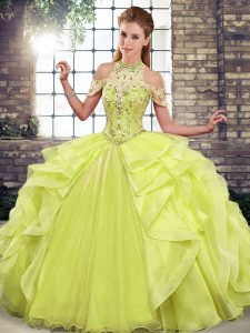Fabulous Halter Top Sleeveless Quinceanera Gowns Floor Length Beading and Ruffles Yellow Green Organza