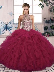 Beautiful Ball Gowns Vestidos de Quinceanera Burgundy Halter Top Tulle Sleeveless Floor Length Lace Up
