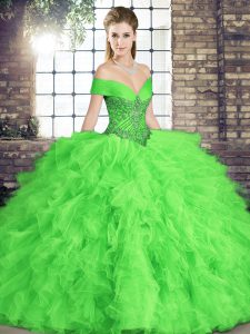 Inexpensive Sleeveless Floor Length Beading and Ruffles Lace Up Quinceanera Gown