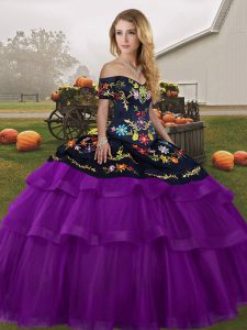 Black And Purple Tulle Lace Up Off The Shoulder Sleeveless Ball Gown Prom Dress Brush Train Embroidery and Ruffled Layers