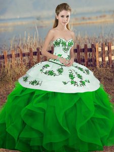 Unique Green Ball Gowns Sweetheart Sleeveless Tulle Floor Length Lace Up Embroidery and Ruffles and Bowknot Quinceanera Gown