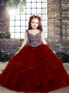 Beading and Ruffles Girls Pageant Dresses Red Lace Up Sleeveless Floor Length