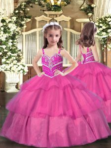 Cheap Lilac Tulle Lace Up Little Girl Pageant Dress Sleeveless Floor Length Beading and Ruffled Layers