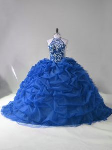 Adorable Blue Sleeveless Court Train Beading and Pick Ups Quinceanera Dress