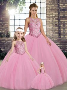 Pink Sleeveless Tulle Lace Up Sweet 16 Dress for Military Ball and Sweet 16 and Quinceanera