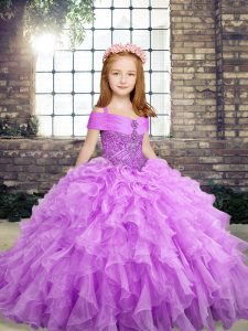 Elegant Lavender Little Girls Pageant Dress Wholesale Party and Wedding Party with Beading and Ruffles Straps Sleeveless Lace Up
