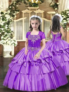 Cute Lavender Lace Up Straps Beading and Ruffled Layers Little Girl Pageant Gowns Taffeta Sleeveless