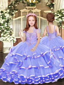 Fantastic Lavender Tulle Lace Up Straps Sleeveless Floor Length Child Pageant Dress Beading and Ruffled Layers