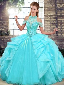 Adorable Ball Gowns Quinceanera Dress Aqua Blue Halter Top Organza Sleeveless Floor Length Lace Up