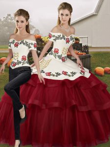 Wine Red Sweet 16 Dresses Tulle Brush Train Sleeveless Embroidery and Ruffled Layers