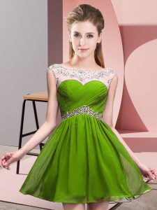 Glamorous Olive Green A-line Chiffon Scoop Sleeveless Beading and Ruching Mini Length Backless Prom Gown